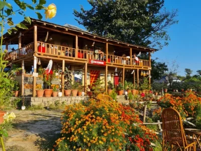 outdoor dining in Bir with Himalayan views